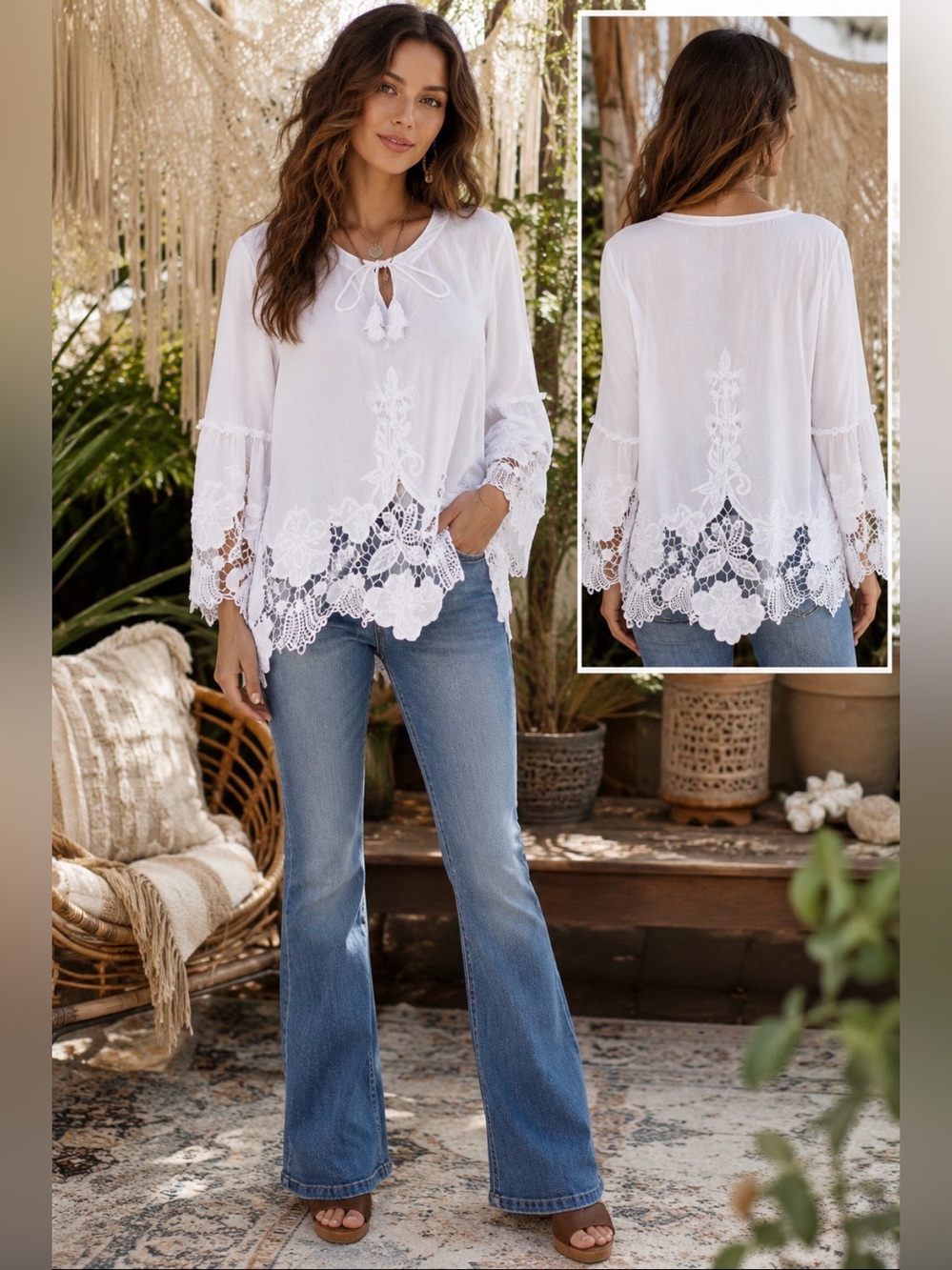 White Battenberg lace tunic top with floral theme